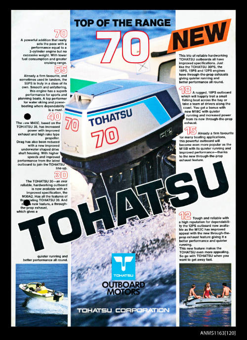 SALES BROCHURE. ANDREWS, GRAEME. PRINTED COLOURED SALES BROCHURE,  ON WHITE PAPER. "TOHATSU" OUTBOARD MOTORS. DETAILS WITH ILLUSTRATIONS 7 DIFFERENT MODELS. CONDITION: BASICALLY SOUND.  SINGLE SHEET.H:295mm  W:210mm. [REFER [121] ].