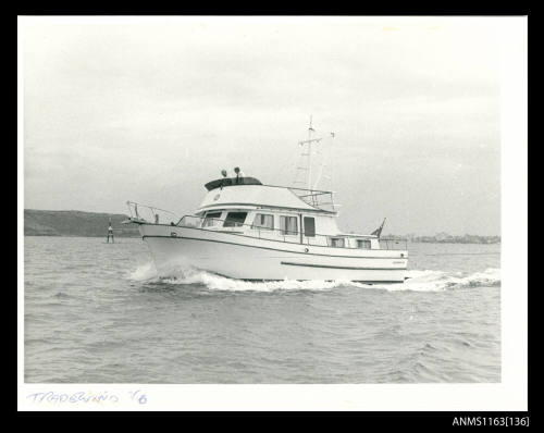 TRADEWIND 40 cabin cruiser with fly bridge, tall mast and derrick