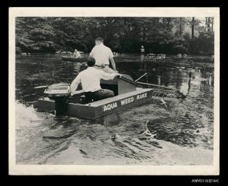 The Aqua weed rake of a small punt- style boat with Evinrude outboard engine