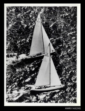 Aerial view of racing yacht CONSTELLATION 12/US 20 American Cup challenger