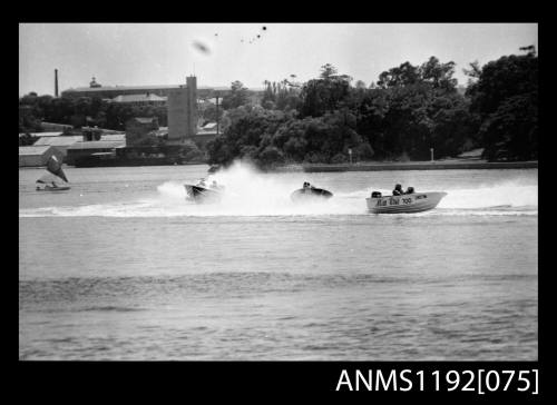 Black and white negative number 32A depicting three open power boats MISS KRIS, TOO and Jh57n at Cabarita Power Boat Races s