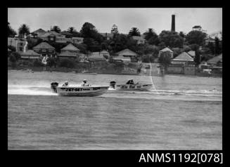 Black and white negative number 35A depicting image open power boats Jet-set HUNTER , Hatwo4n , Miss kris , Too , Jh57n outboard engines