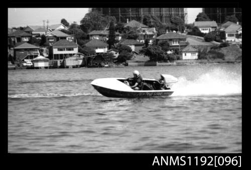 Black and white negative number 20 depicting open power boat Penta-STAR , Al71n At speed