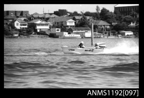 Black and white negative number 20A depicting open power boat MAY-AN-ISE , Cp48n At speed