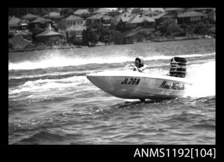 Black and white negative number 5A depicting MINI-MERLIN , Jltwo6n Racing power boat with outboard engine at speed