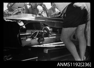 Black and white negative number 8 depicting He15n Power boat, view of damaged interior at Stuart Doyle Gold Cup in New South Wales