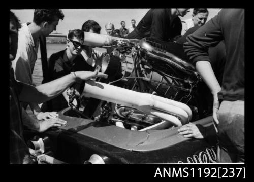 Black and white negative number 9 depicting He15n Power boats inboard engine at Stuart Doyle Gold Cup in New South Wales