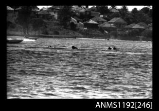 Black and white negative number 18 depicting sunken power boat at Stuart Doyle Gold Cup in New South Wales