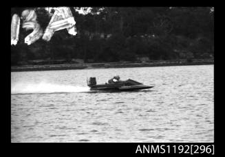 Black and white negative number 24A depicting power boat at speed  starboard side view at time trials at St George Motor Boat Club, Georges River, Sans Souci, Sydney, New South Wales