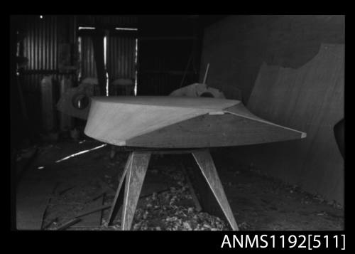 Black and white negative number 5A depicting view of timber component of power boat under construction