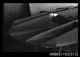 Black and white negative number 7A depicting view of timber hydroplane hull