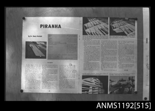 Black and white negative number 9A depicting view of wall mounted illustration entitled Piranha of construction illustration and details of hydroplane hulls