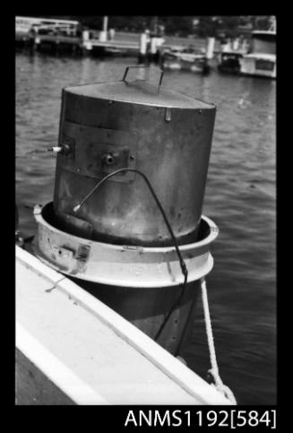 Black and white negative number 7 depicting view of steam boiler mounted outboard on the transome, port side view