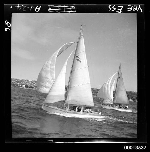 Untitled   2 Vee Ess class dingies sail on main Sydney Harbour. nearest VS has 2 leaping fish sail insignia 2nd VS has a geometric figure as sail insignia.