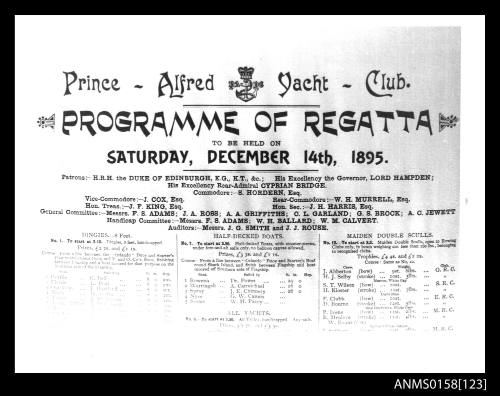 Programme for the Prince Alfred Yacht Club Regatta to be held on 14 December 1895