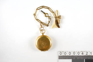 Gold fob watch with chain and shark's tooth charm