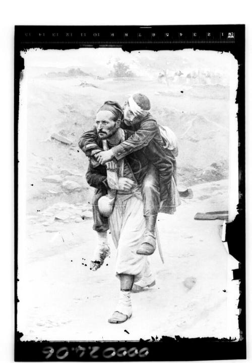 Drawing of a wounded man being carried on the shoulders of a Zouave officer