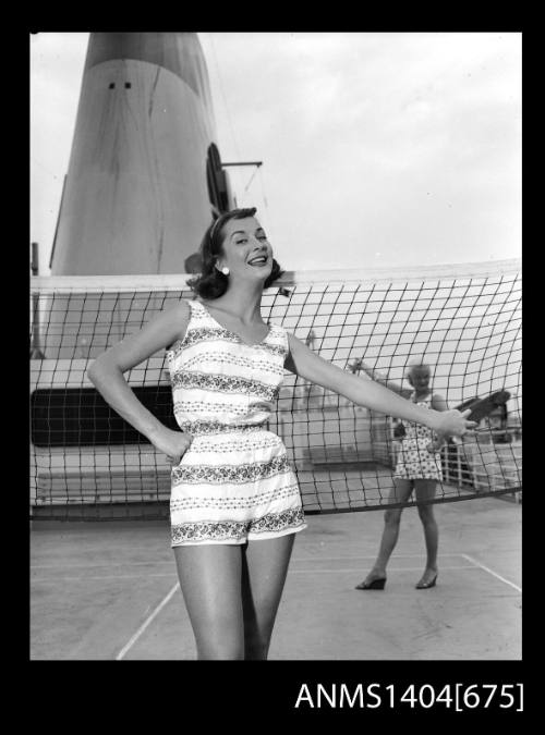 Photographic negative of a model posing on a ship