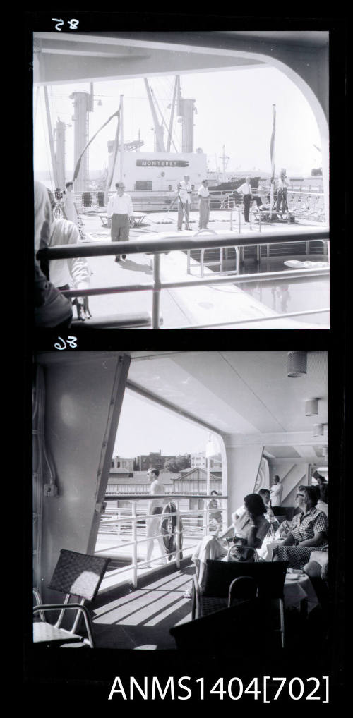 Photographic negative with two frames of models posing on a ship