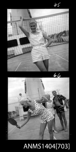 Photographic negative with two frames of models posing on a ship