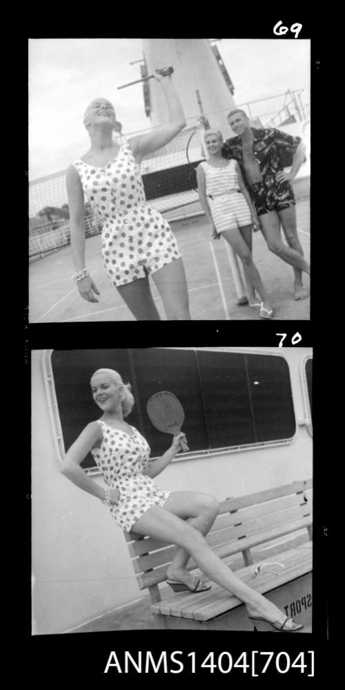 Photographic negative with two frames of models posing on a ship