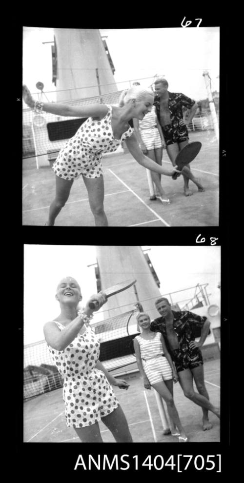 Photographic negative with two frames of three models posing on a ship