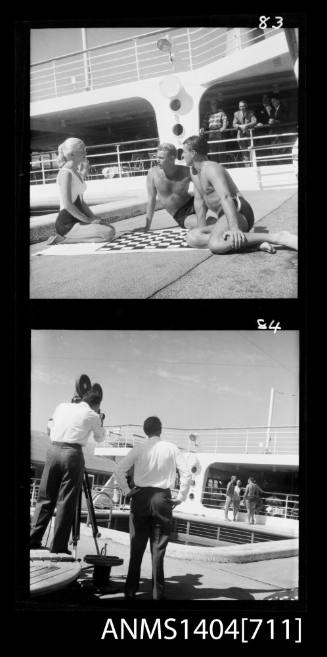 Photographic negative of with two frames showing swimsuit models posing on a ship