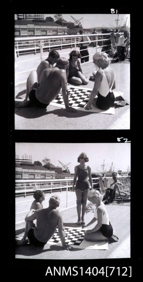 Photographic negative with two frames showing swimwear models posing on a ship