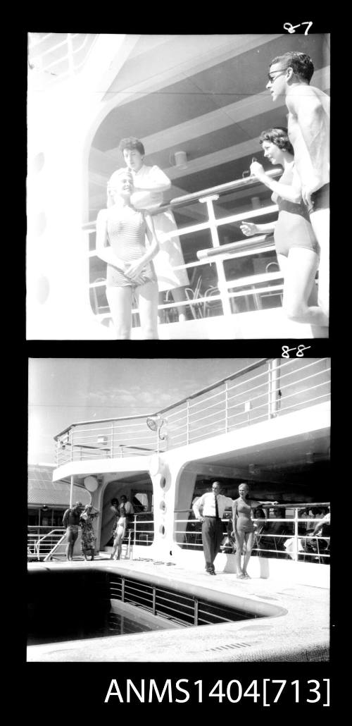 Photographic negative of  two pictures showing models on a ship