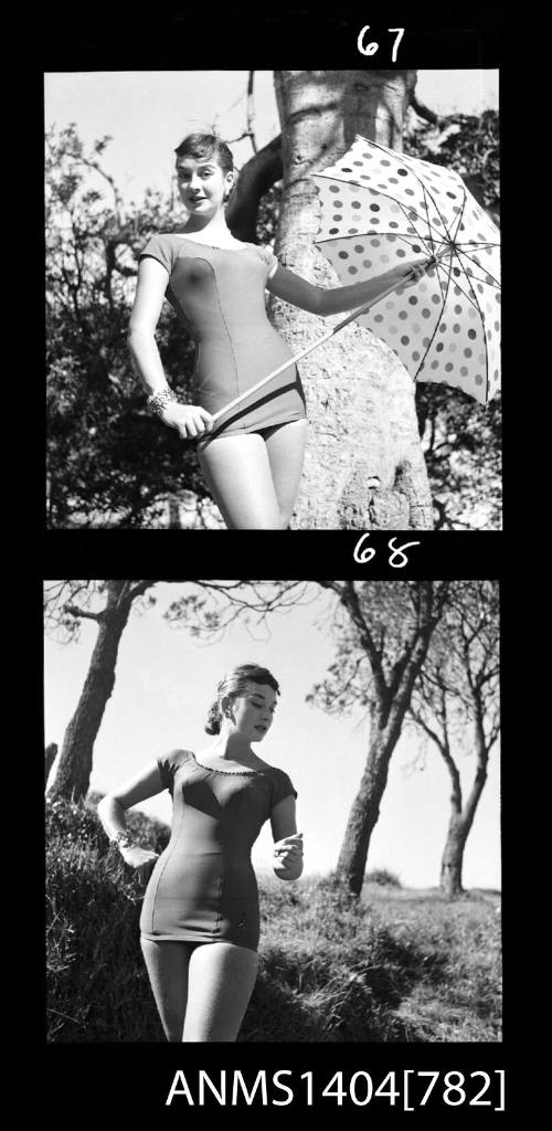 Photographic negative with two frames showing a swimsuit model posing in a park