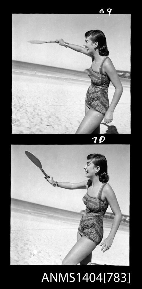 Photographic negative with two frames showing a swimsuit model posing on a beach