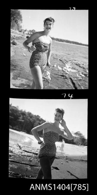 Photographic negative with two frames showing a swimsuit model posing at a beach