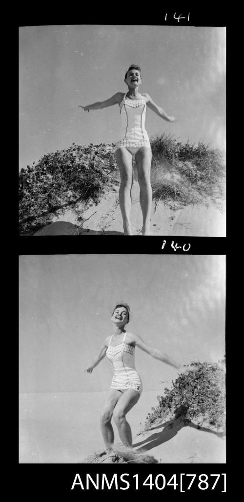 Photographic negative with two frames showing a swimsuit model posing in a park