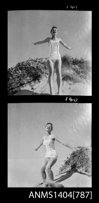 Photographic negative with two frames showing a swimsuit model posing in a park