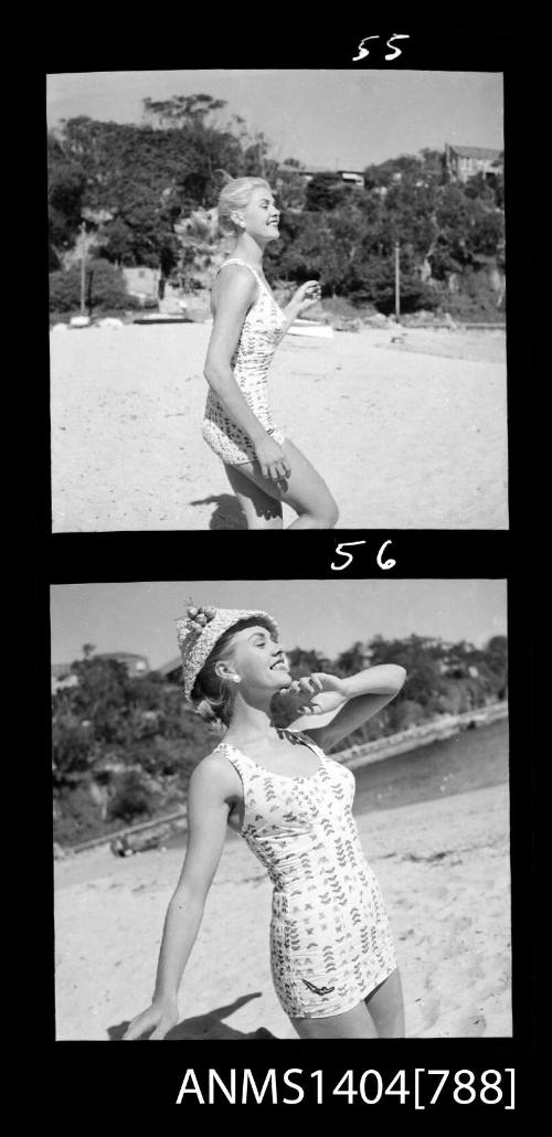 Photographic negative with two frames showing a swimsuit model posing on a beach