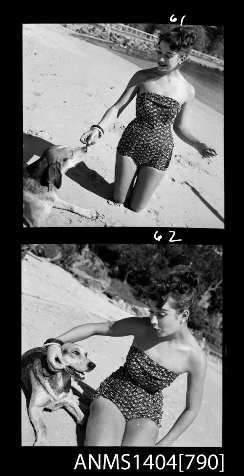 Two frames showing a swimsuit model posing on a beach with a dog