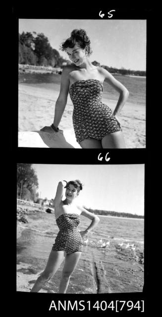 Photographic negative with two frames showing a swimsuit model posing at a beach