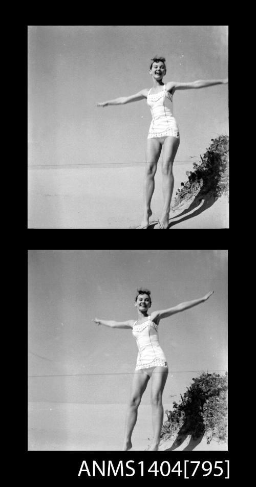 Photographic negative with two frames showing a swimsuit model posing at a beach