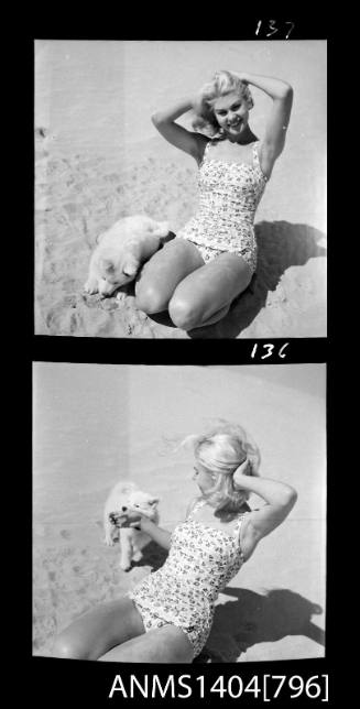 Photographic negative with two frames showing a swimsuit model posing at a beach