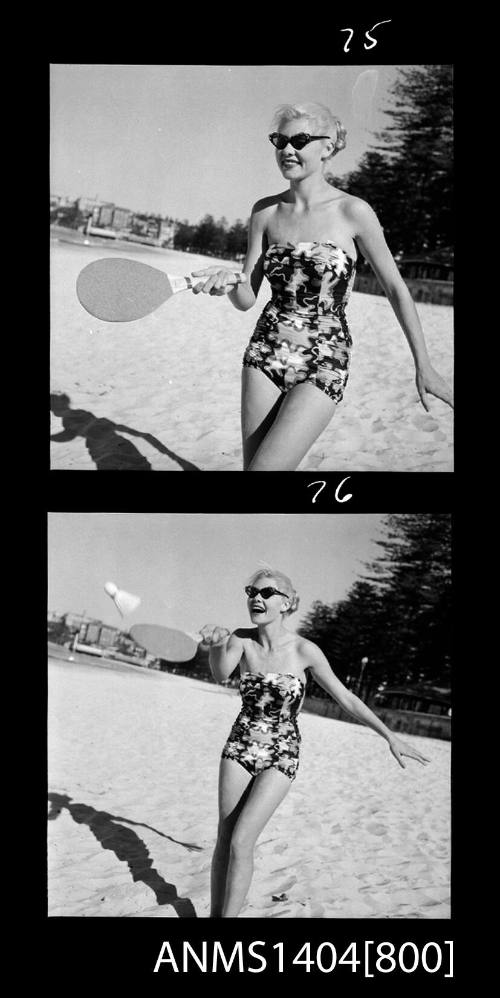 Photographic negative with two frames showing a swimsuit model posing at a beach