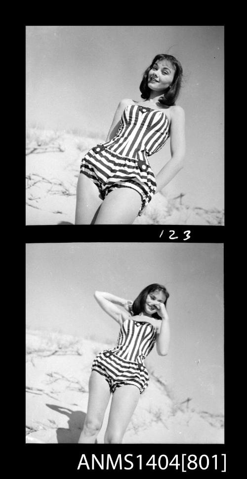 Photographic negative with two frames showing a swimsuit model posing at a beach