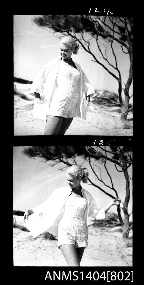 Photographic negative with two frames showing a swimsuit model posing at a beach