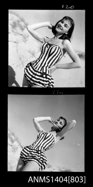 Photographic negative with two frames showing a swimsuit model posing at a beach