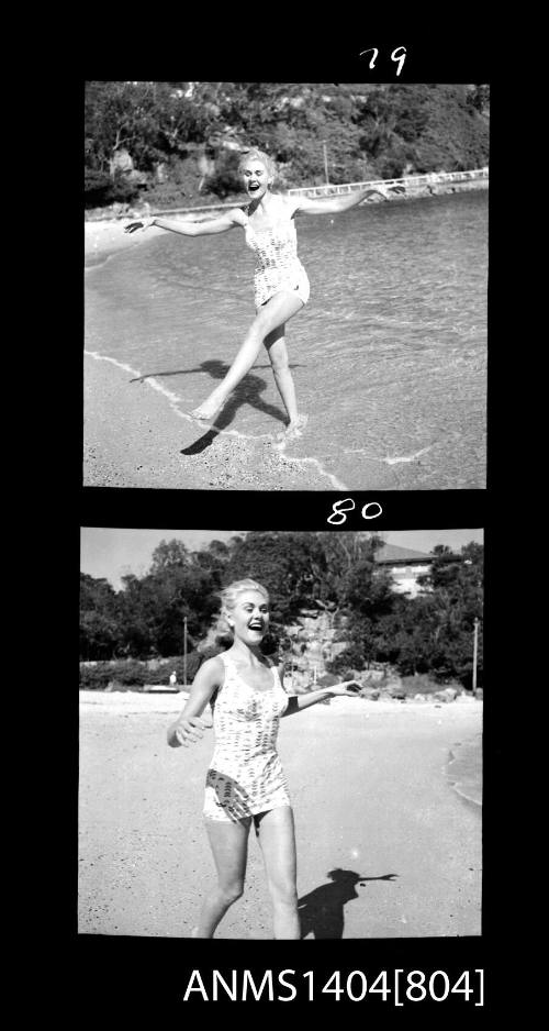 Photographic negative with two frames showing a swimsuit model posing at a beach