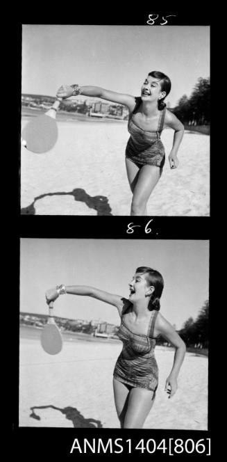 Photographic negative with two frames showing a swimsuit model posing at a beach