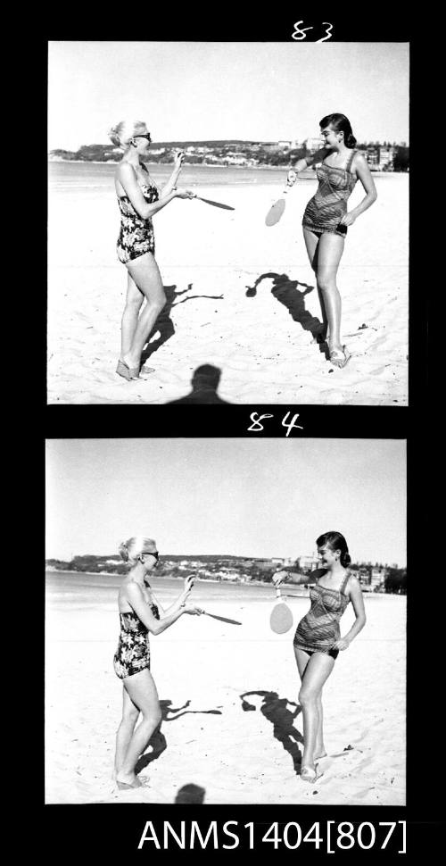 Photographic negative with two frames showing a swimsuit model posing at a beach