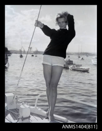 Vicki Jarman modelling on a boat