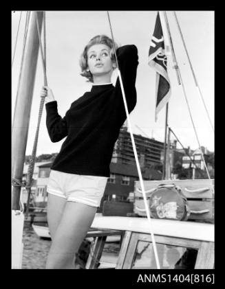 Vicki Jarman modelling on a boat