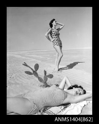 Photographic negative of two swimsuit models posing on a beach with a cactus