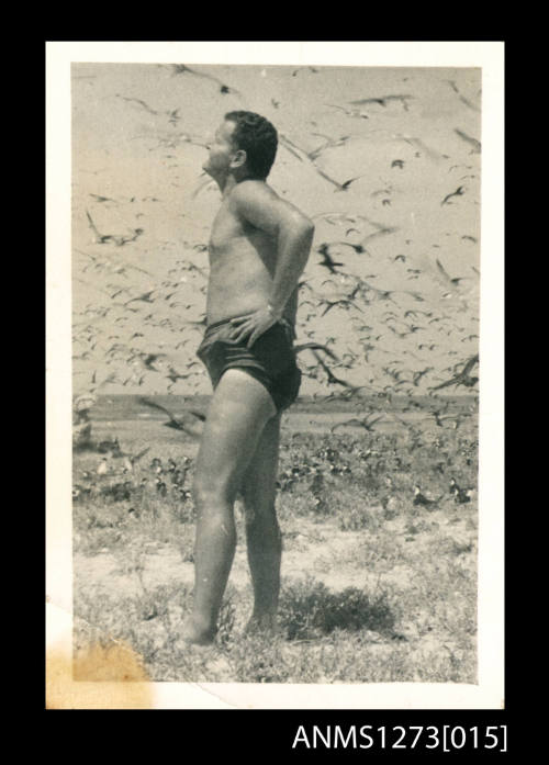 Denis George, standing on a beach, surrounded by flying birds